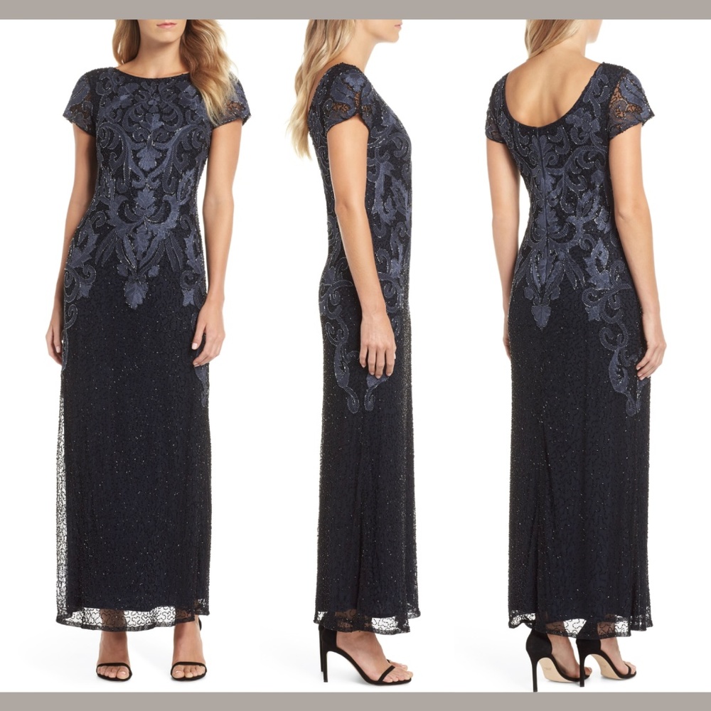 NEW $238 Pisarro Nights Embroidered Mesh Long Gown Blue/Black [SZ 10 ]‎